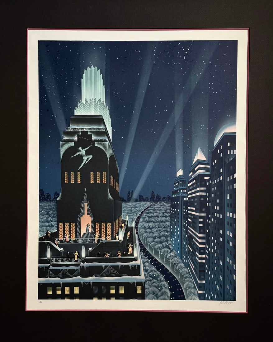 Robert Hoppe "Rooftop Serenade" Signed Serigraph LE: Artist: Robert Hoppe Title: Robert Hoppe "Rooftop Serenade" Signed Serigraph LE Medium: Serigraph on Paper Limited Edition: XC Art Dimensions: 14.5 x 34.75 x 1 inch ARTIST BIO: Glamorous dream