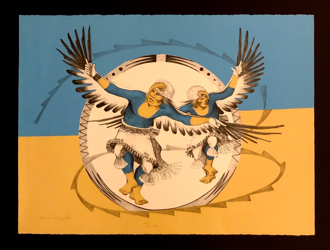 Patrick Swazo Hinds "Eagle Dancers" Signed Original Stone Litho LE: Artist: Patrick Swazo Hinds Title: Patrick Swazo Hinds "Eagle Dancers" Signed Original Stone Litho LE Medium: Lithograph on Paper Limited Edition: 50/70-72 Art Dimensions: 22 x 30 x 2 inch ARTIST