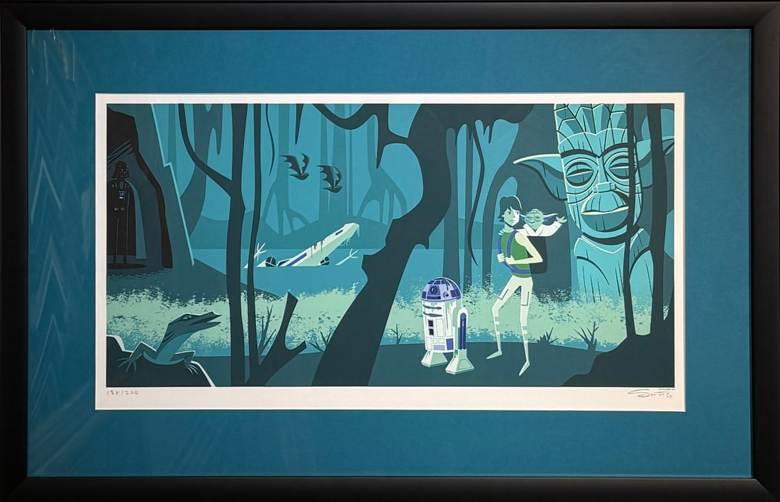 Shag (Josh Agle) - "Dilemma on Dagobah" Signed Limited Edition Serigraph: Artist: Josh "SHAG" Agle Title: Shag (Josh Agle) - "Dilemma on Dagobah" Signed Limited Edition Serigraph Medium: Serigraph on Paper Limited Edition: 138/200 Art Dimensions: 26 x 39 x 1 inch ARTIST