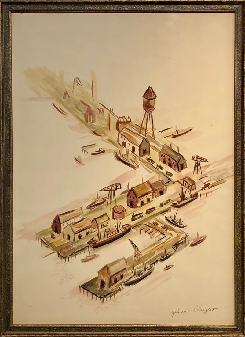Julian Chapman Wright (Impressionist - Shipping Dock) Signed Original Watercolor: Artist: Julian Chapman Wright Title: Julian Chapman Wright (Impressionist - Shipping Dock) Signed Original Watercolor Medium: Watercolor on Paper Art Dimensions: 27 x 20 x 2 inch ARTIST BIO: JULIAN