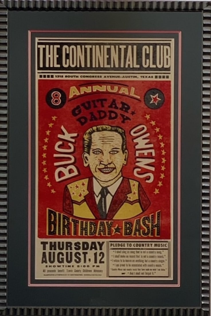 Buck Owens Birthday Bash: Artist: Wayne White Title: Buck Owens Birthday Bash Medium: Poster Limited Edition: Artist Proof (WeedBlock) Art Dimensions: 36 x 24 x 2 inch Source: www.qart.com Condition Report: Good