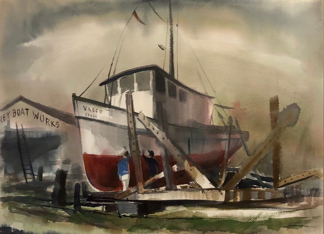 Harold Groom "Monteray Boat Works" Signed Watercolor: Artist: Harold Groom Title: Harold Groom "Monteray Boat Works" Signed Watercolor Medium: Original Watercolor on Paper Art Dimensions: 28 x 33 x 2 inch Source: www.qart.com Condition Report: Good