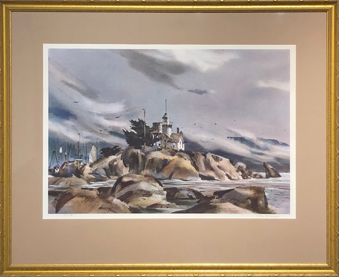 Rex Brandt "Harbor Sentinel" Signed Lithograph (1974): Artist: Rex Brandt Title: Rex Brandt "Harbor Sentinel" Signed Lithograph (1974) Medium: Lithograph on Paper Art Dimensions: 27 x 33 x 2 inch ARTIST BIO: Rex Brandt, N.A. (1914-2000) Born: San Diego, C