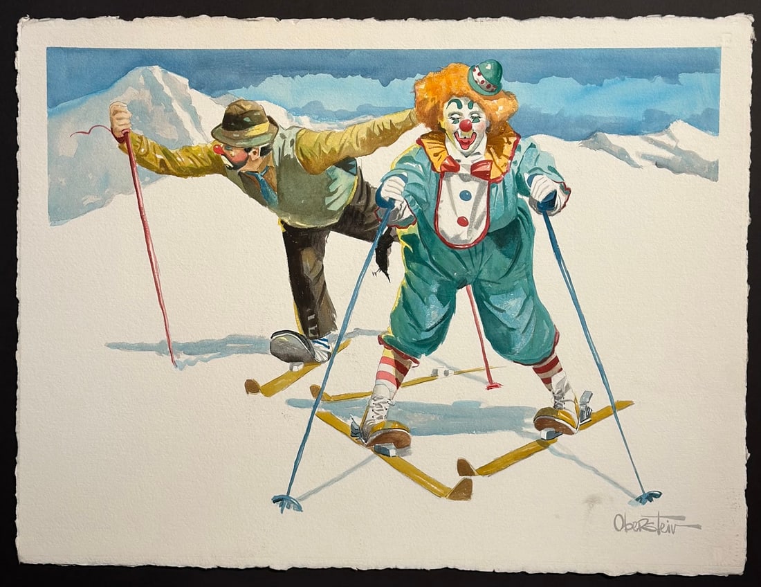 Chuck Oberstein "Snow Plow" Signed Original Watercolor on Paper: Artist: Chuck Oberstein Title: Chuck Oberstein "Snow Plow" Signed Original Watercolor on Paper Medium: Watercolor on Paper Art Dimensions: 23 x 30 x 1 inch ARTIST BIO: One of the most recognized clown