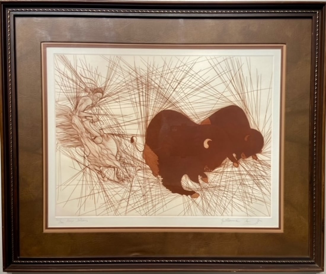 Guillaume Azoulay "Deus Bison" Signed Original Etching LE: Artist: Guillaume Azoulay Title: Guillaume Azoulay "Deus Bison" Signed Original Etching LE Medium: Etching on Paper Limited Edition: 135/300 Art Dimensions: 29 x 35 x 2 inch ARTIST BIO: Guillau