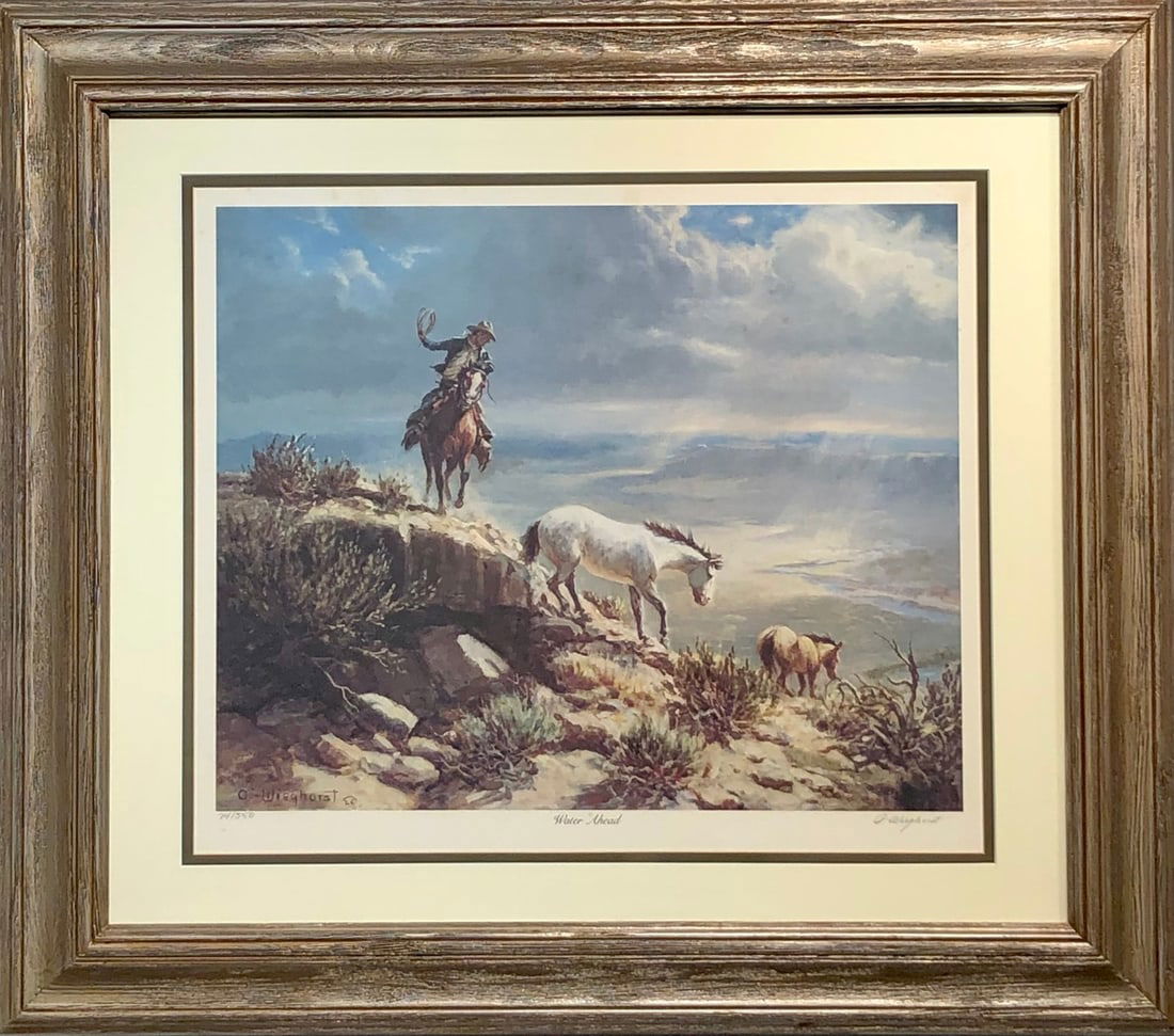 Olaf Wieghorst "Water Ahead" Signed Lithograph LE: Artist: Olaf Wieghorst Title: Olaf Wieghorst "Water Ahead" Signed Lithograph LE Medium: Lithograph on Paper Limited Edition: 74/550 Art Dimensions: 27 x 31 x 2 inch ARTIST BIO: Olaf Wieghorst