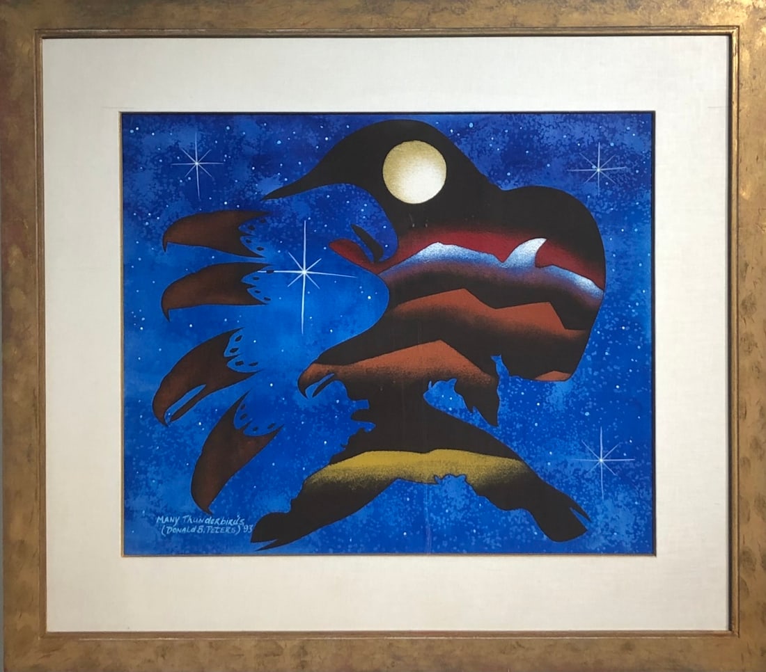 Donald B. Peters "Land of the Indian People" (Many Thunderbirds) Original Watercolor: Artist: Donald Peters Title: Donald B. Peters "Land of the Indian People" (Many Thunderbirds) Original Watercolor Medium: Original Watercolor on Paper Art Dimensions: 33 x 37 x 2 inch Source: