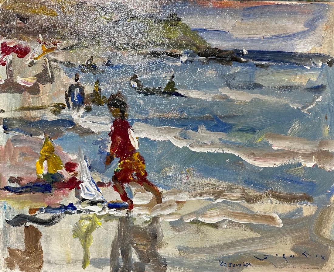 Jorn Fox "Laguna, CA-Play Time On The Breach" Impressionist Signed Oil and Acrylic on Board: Artist: Jorn Fox Title: Jorn Fox "Laguna, CA-Play Time On The Breach" Impressionist Signed Oil and Acrylic on Board Medium: Acrylic on Canvas Board Art Dimensions: 16 x 20 inch ARTIST BIO: Artist