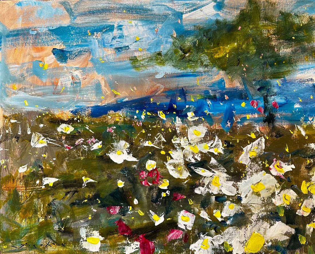 Jorn Fox "Tree Surrounded By White Flowers" Impressionist Signed Oil and Acrylic on Board (1 of 2)