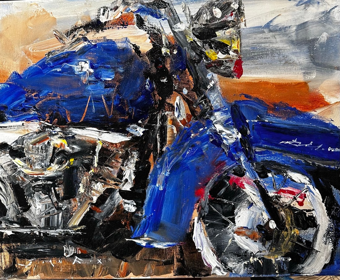 Jorn Fox "Blue Motorcycle" Impressionist Signed Oil and Acrylic on Canvas: Artist: Jorn Fox Title: Jorn Fox "Blue Motorcycle" Impressionist Signed Oil and Acrylic on Canvas Medium: Acrylic on Canvas Art Dimensions: 16 x 20 inch ARTIST BIO: Artist Statement "The feelings I ha