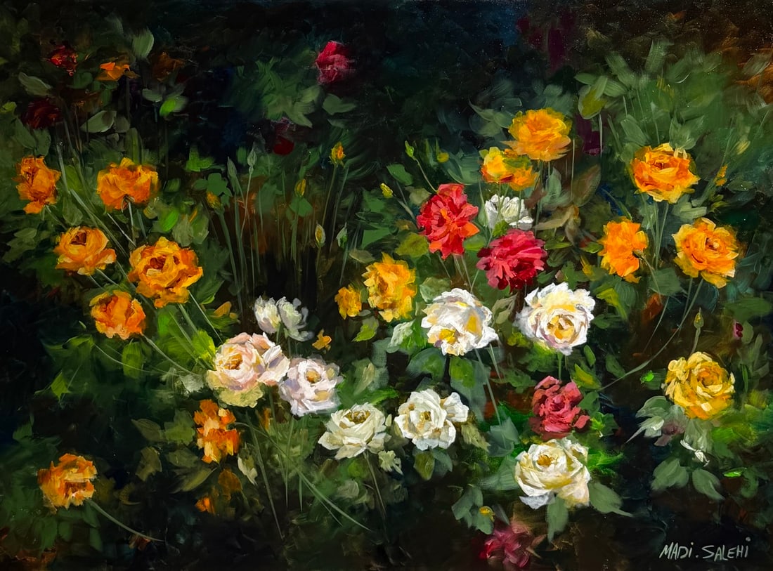 Madi Salehi (Untitled - Roses) Signed Original Acrylic: Artist: Madi Salehi Title: Madi Salehi (Untitled - Roses) Signed Original Acrylic Medium: Acrylic on Canvas Art Dimensions: 30 x 40 x 1 inch Source: www.qart.com Condition Report: Good
