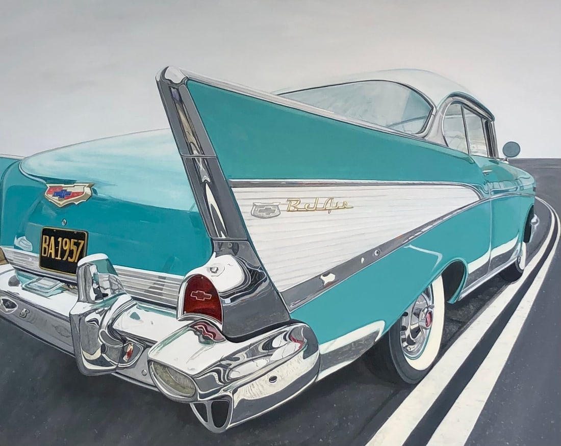 Michelle Michael "1957 Chevy Bel Air" Signed Original Acrylic: Artist: Michelle Michael Title: Michelle Michael "1957 Chevy Bel Air" Signed Original Acrylic Medium: Acrylic on Canvas Art Dimensions: 24 x 30 x 2 inch Source: www.qart.com Condition Report: G