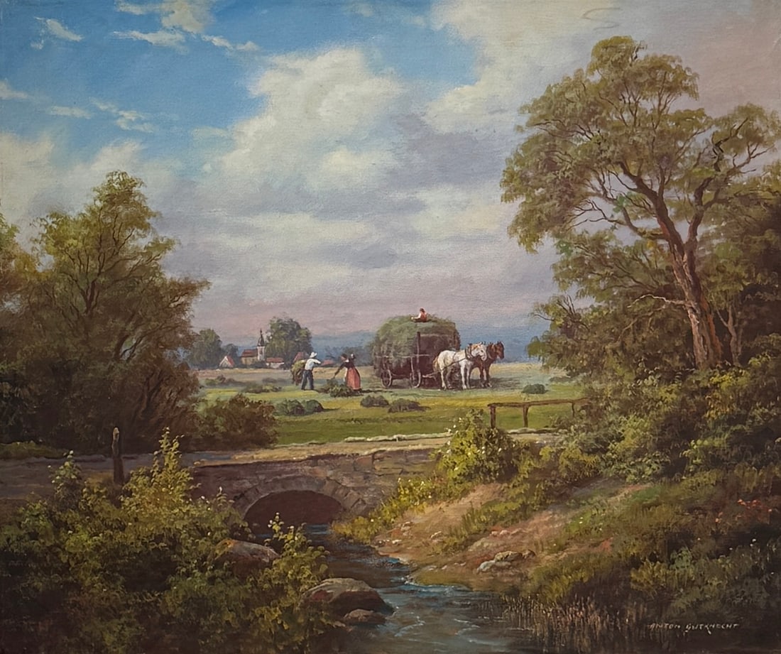 Anton Gutknecht Original Signed Oil Untitled (Landscape) Farm Scene: Artist: Anton Gutknecht Title: Anton Gutknecht Original Signed Oil Untitled (Landscape) Farm Scene Medium: Original Oil on Canvas Art Dimensions: 20 x 24 x 1 inch ARTIST BIO: Anton Gutknecht was born