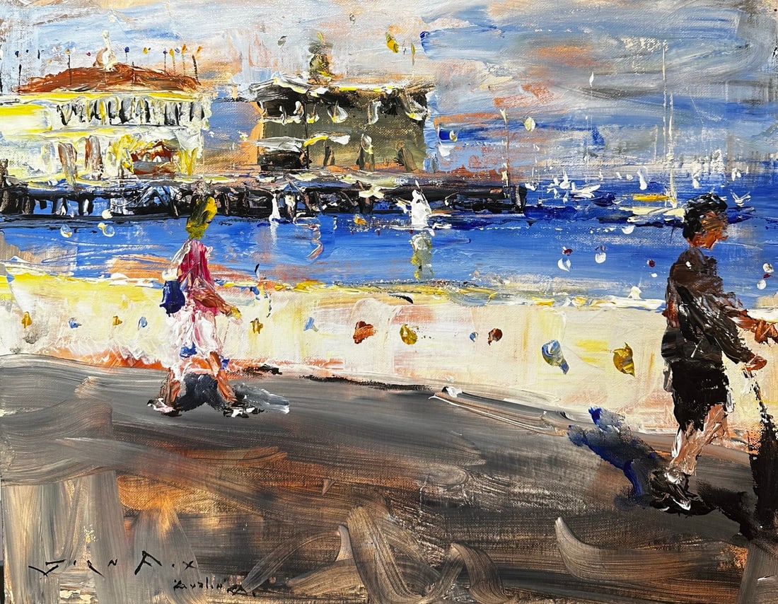 Jorn Fox "Avalon Strolling" Impressionist Signed Oil and Acrylic on Board (1 of 2)