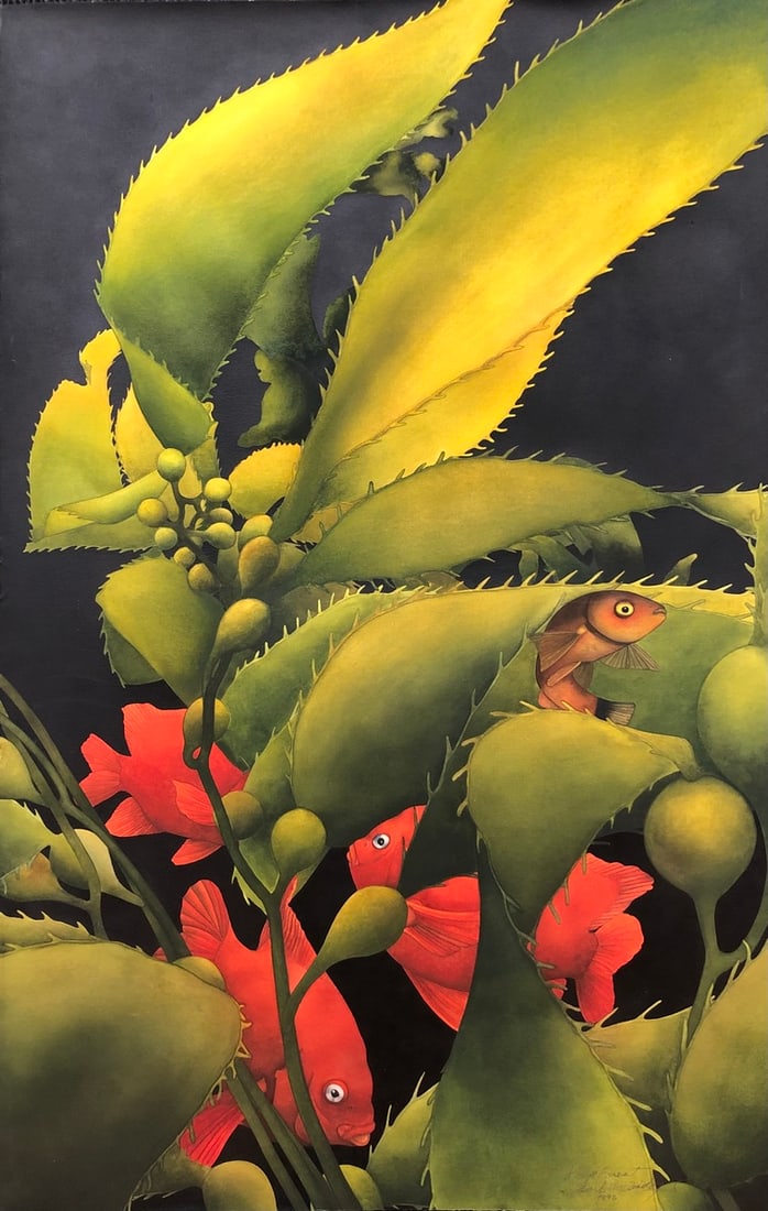 Mark MacQuiddy "Kelp Forest" 1992 Signed Watercolor: Artist: Mark MacQuiddy Title: Mark MacQuiddy "Kelp Forest" 1992 Signed Watercolor Medium: Original Watercolor on Paper Art Dimensions: 44 x 28 x 1 inch Source: www.qart.com Condition Report: Good