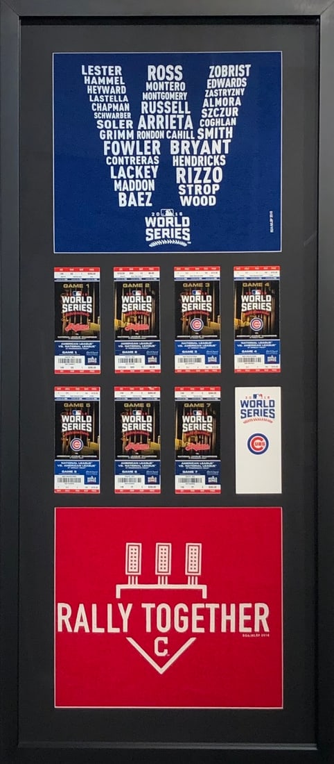 2016 Chicago Cubs World Series Tickets (1-7) Framed with Rally Towels: Title: 2016 Chicago Cubs World Series Tickets (1-7) Framed with Rally Towels Medium: Framed World Series Tickets Art Dimensions: 50 x 22 x 2 inch Source: www.qart.com Condition Report: Good