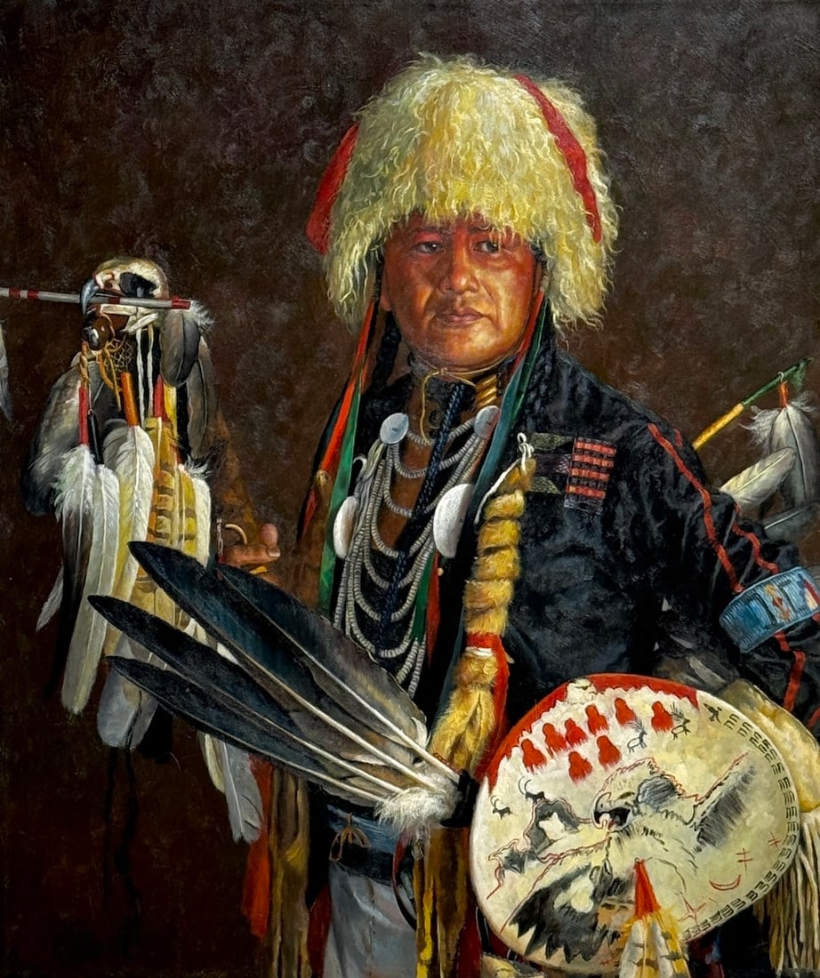 Tina Lewis (Untitled) Plains Indian Tribe (Native American Indian): Presenting this Tina Lewis Original Oil on Canvas: "Tina Lewis (Untitled) Plains Indian Tribe (Native American Indian)". This piece, measuring 24 x 20 x 1 inch, is available at auction on LiveAuctione