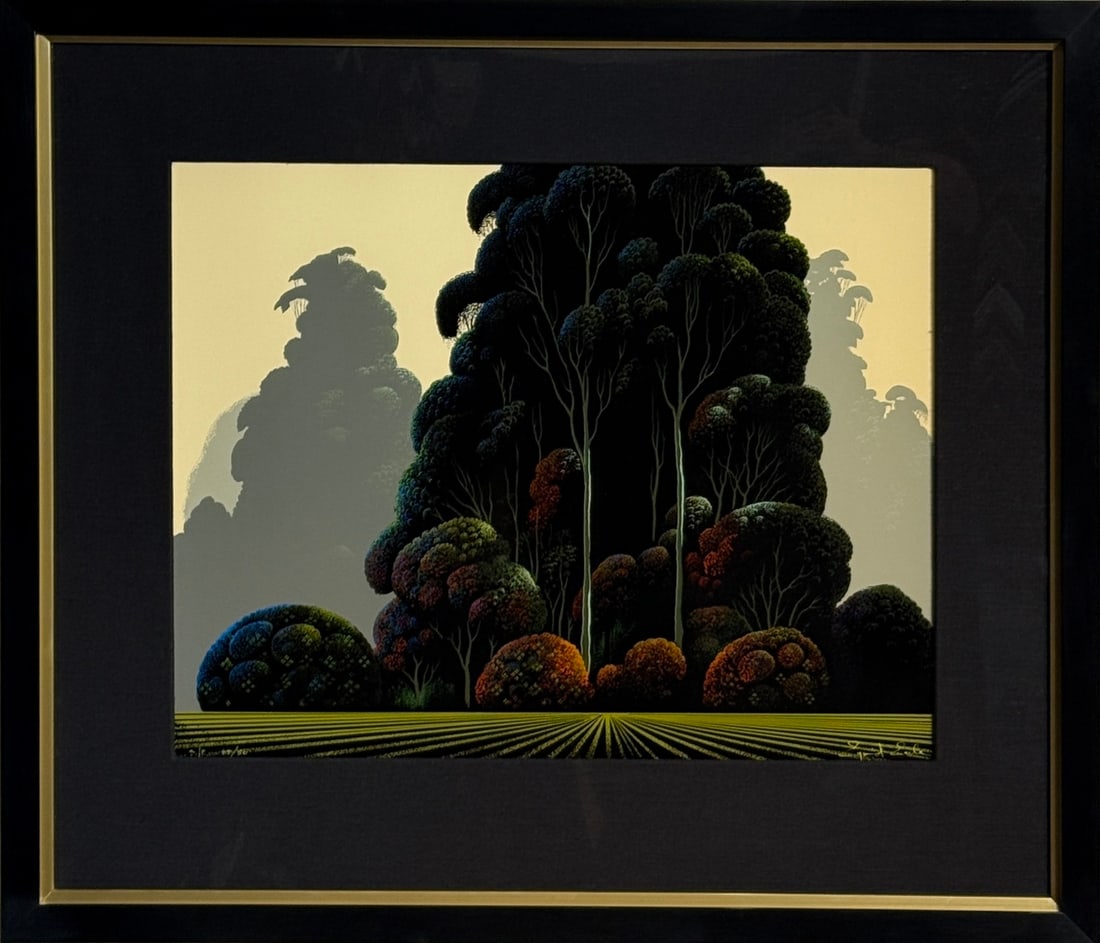 Eyvind Earle (Signed) "Autumn" Serigraph LE Landscape: Presenting a limited edition Serigraph on Paper by Eyvind Earle: "Eyvind Earle (Signed) "Autumn" Serigraph LE Landscape". This Serigraph on Paper (Edition: 44/50), measuring 35 x 40 x 2 inch, is a sou