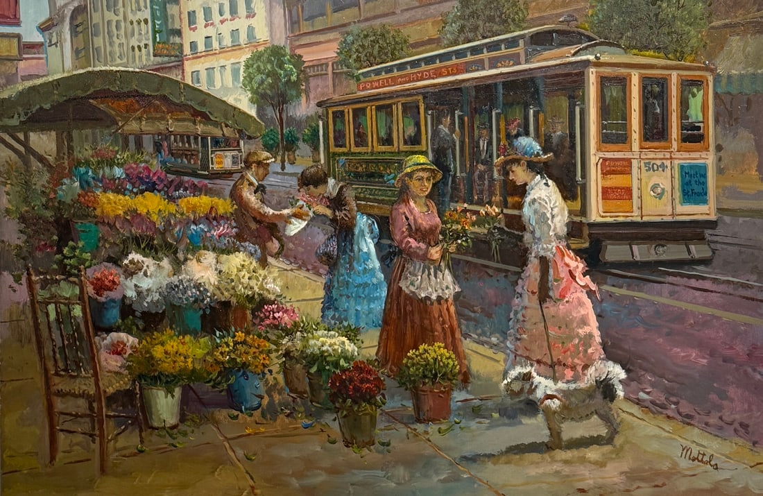 Filastro Mottola (Untitled) San Francisco Street Scene Signed Original Oil: Offered here is an original Original Oil on Masonite by Filastro Mottola: "Filastro Mottola (Untitled) San Francisco Street Scene Signed Original Oil". This one-of-a-kind piece, measuring 24 x 36 x 1
