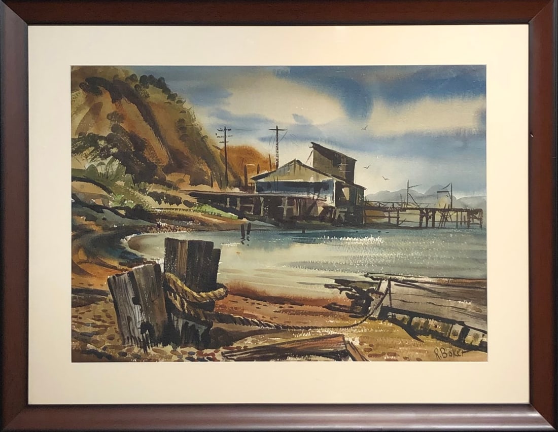Ralph Baker (Impressionist - Landscape) Signed Original Watercolor: Offered here is an original Watercolor on Paper by Ralph Baker: "Ralph Baker (Impressionist - Landscape) Signed Original Watercolor". This one-of-a-kind piece, measuring 30 x 38 x 2 inch, is a rare