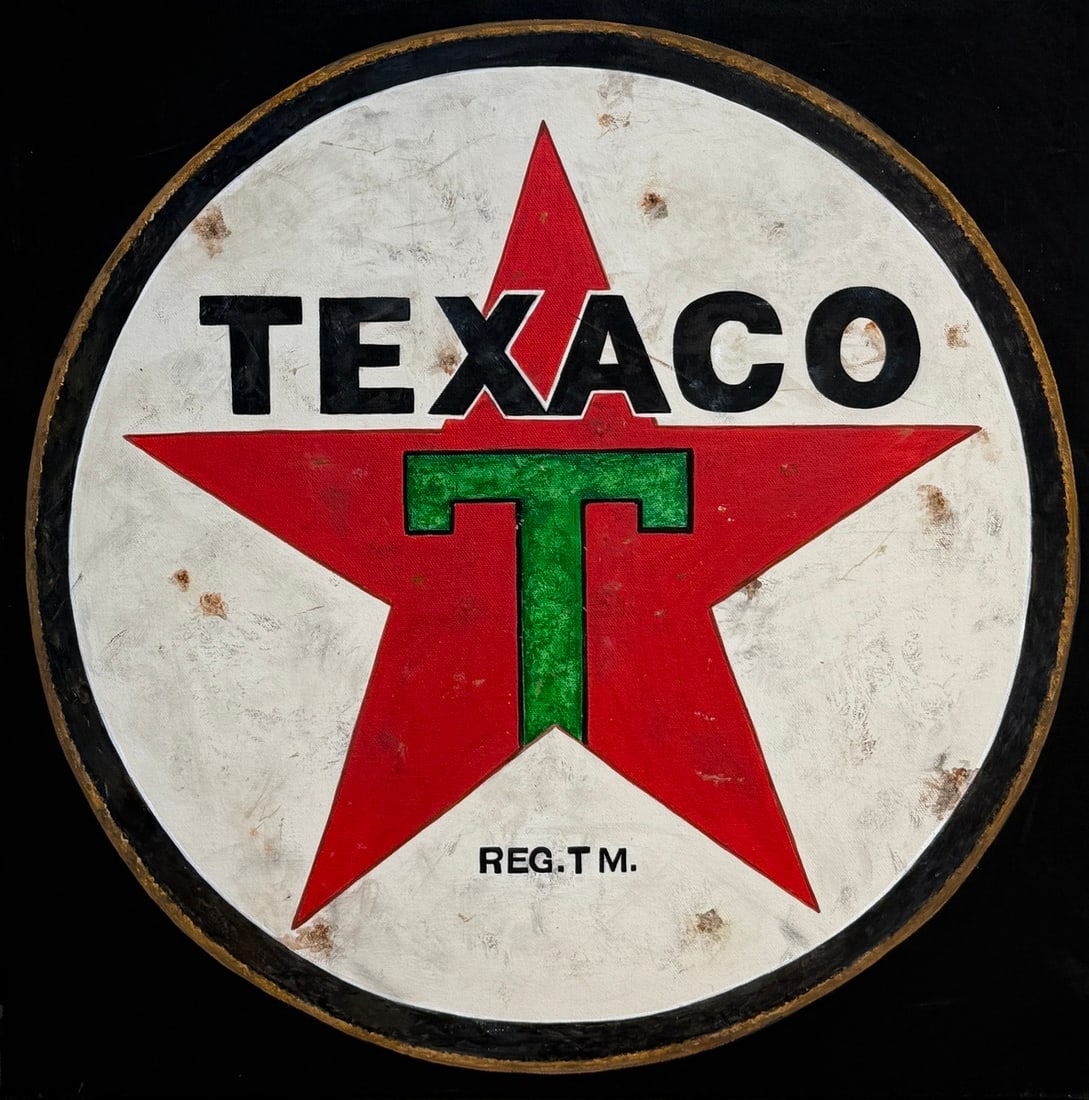 Texaco Gas/Oil Sign By Michelle Michael Signed Original: Offered here is an original Acrylic on Canvas by Michelle Michael: "Texaco Gas/Oil Sign By Michelle Michael Signed Original". This one-of-a-kind piece, measuring 20 x 20 x 2 inch, is a rare opportunit