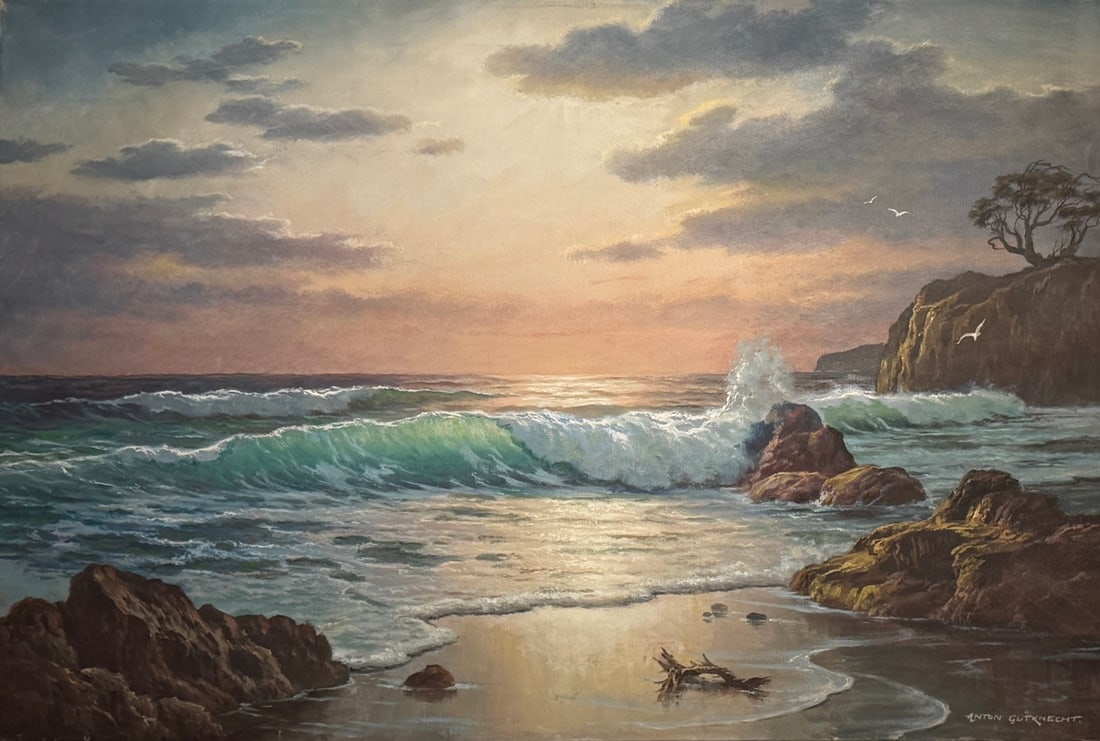 "Sunset At Monterey" (seascape) Anton Gutknecht Original Signed Oil: Offered here is an original Original Oil on Canvas by Anton Gutknecht: ""Sunset At Monterey" (seascape) Anton Gutknecht Original Signed Oil". This one-of-a-kind piece, measuring 24 x 36 x 1 inch, is a