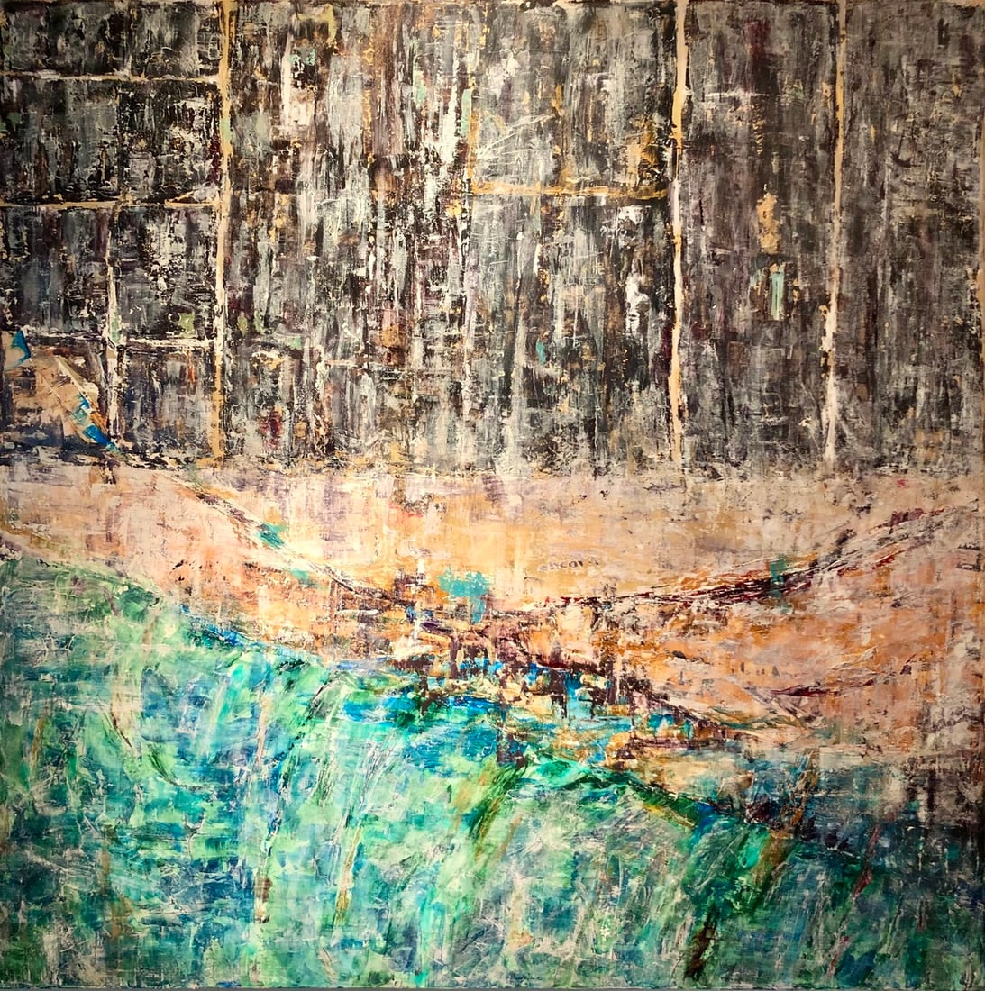 Barbara Owens "Aerial" Acrylic on Canvas: Offered here is an original Original Acrylic on Canvas with 1 1/2" Museum Bars by Barbara Owens: "Barbara Owens "Aerial" Acrylic on Canvas". This one-of-a-kind piece, measuring 48 x 48 x 2 inch, is a