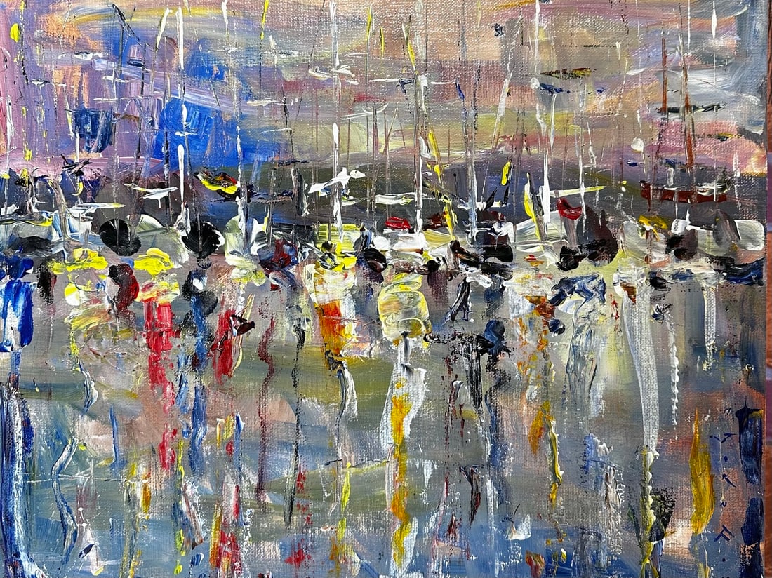 Jorn Fox "Sailboats of Color" Impressionist Signed Oil and Acrylic on Canvas: Offered here is an original Acrylic on Canvas by Jorn Fox: "Jorn Fox "Sailboats of Color" Impressionist Signed Oil and Acrylic on Canvas". This one-of-a-kind piece, measuring 16 x 20 inch, is a rare o