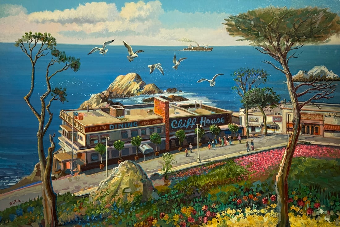 Filastro Mottola "Cliff House" Signed Original Oil: Offered here is an original Oil on Masonite by Filastro Mottola: "Filastro Mottola "Cliff House" Signed Original Oil". This one-of-a-kind piece, measuring 24 x 36 x 1 inch, is a rare opportunity for