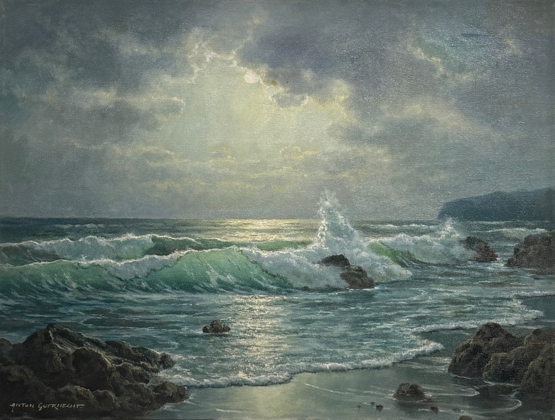 Anton Gutknecht (Untitled) Seascape Original Oil: Offered here is an original Original Oil on Canvas by Anton Gutknecht: "Anton Gutknecht (Untitled) Seascape Original Oil". This one-of-a-kind piece, measuring 18 x 24 x 1 inch, is a rare opportunity f