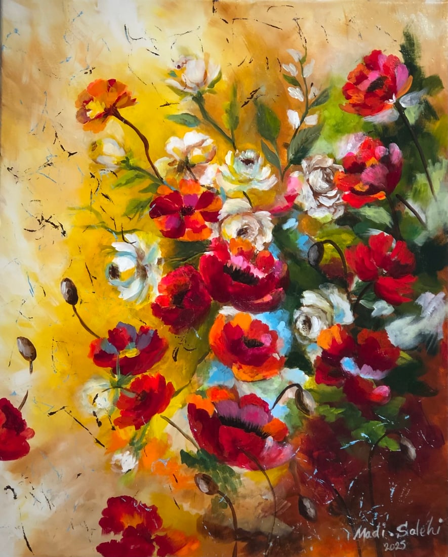 Madi Salehi (Untitled - Floral) Signed Original Acrylic: Offered here is an original Acrylic on Canvas by Madi Salehi: "Madi Salehi (Untitled - Floral) Signed Original Acrylic". This one-of-a-kind piece, measuring 30 x 24 x 2 inch, is a rare opportunity