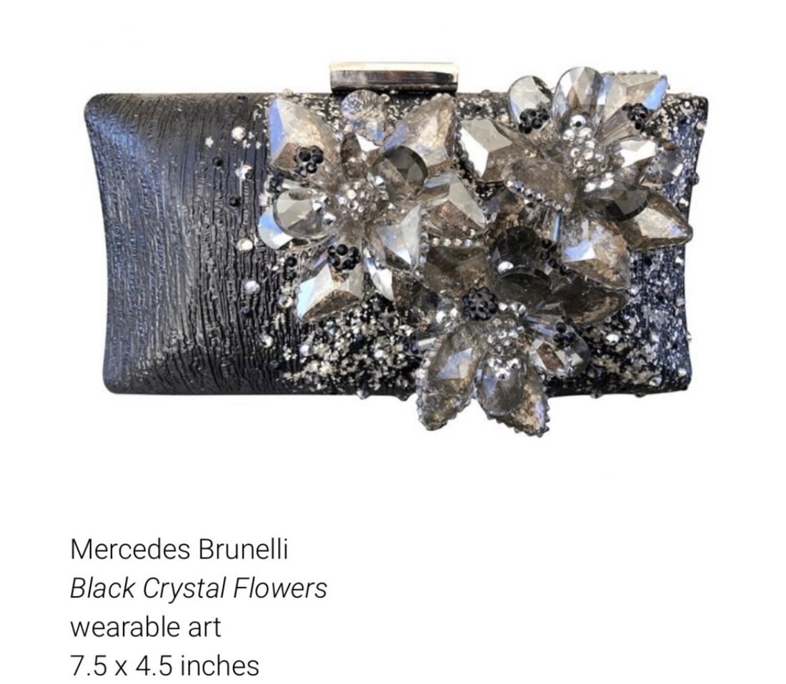 Mercedes Brunelli Jeweled Clutch, Handmade in America, Swarovski Crystal: Presenting this Mercedes Brunelli work: "Mercedes Brunelli Jeweled Clutch, Handmade in America, Swarovski Crystal". This piece, measuring 3.75 x 2 x 7.5 inch, is available at auction on