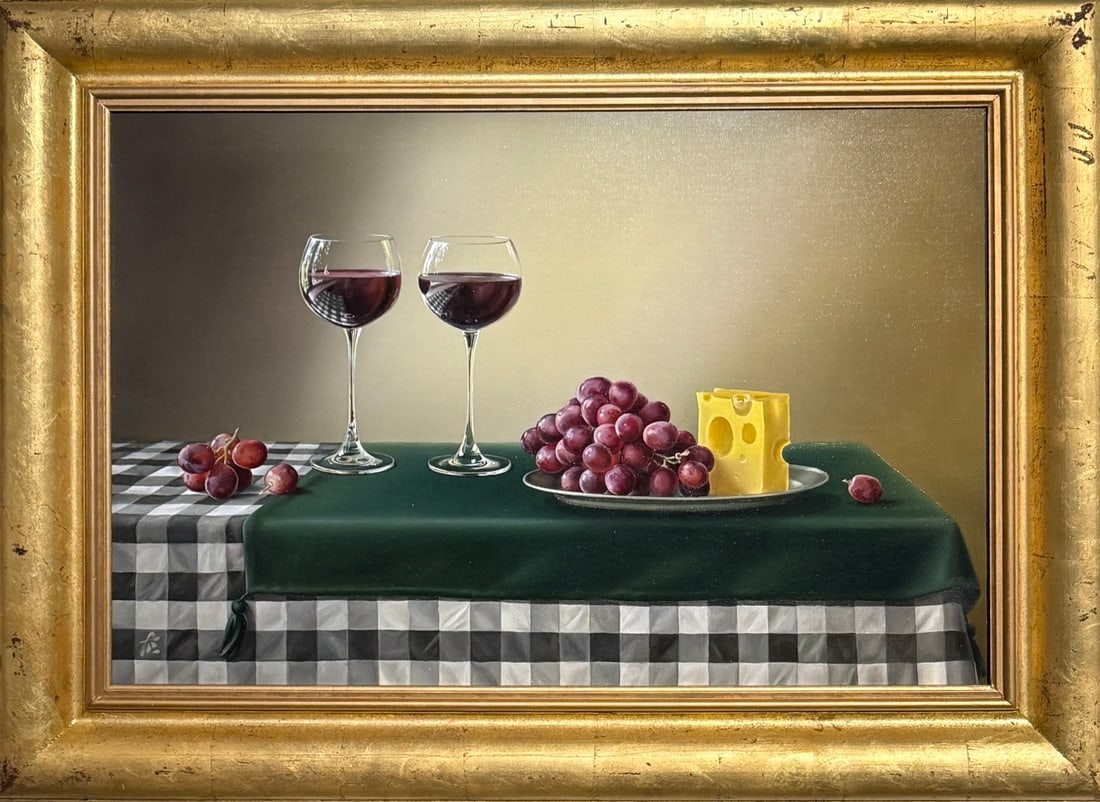 Tatyana Soloveva Still Life Original Oil "The Space Between Two Glasses": Offered here is an original Original Oil on Canvas by Tatyana Soloveva: "Tatyana Soloveva Still Life Original Oil "The Space Between Two Glasses"". This one-of-a-kind piece, measuring 33 x 45 x 3