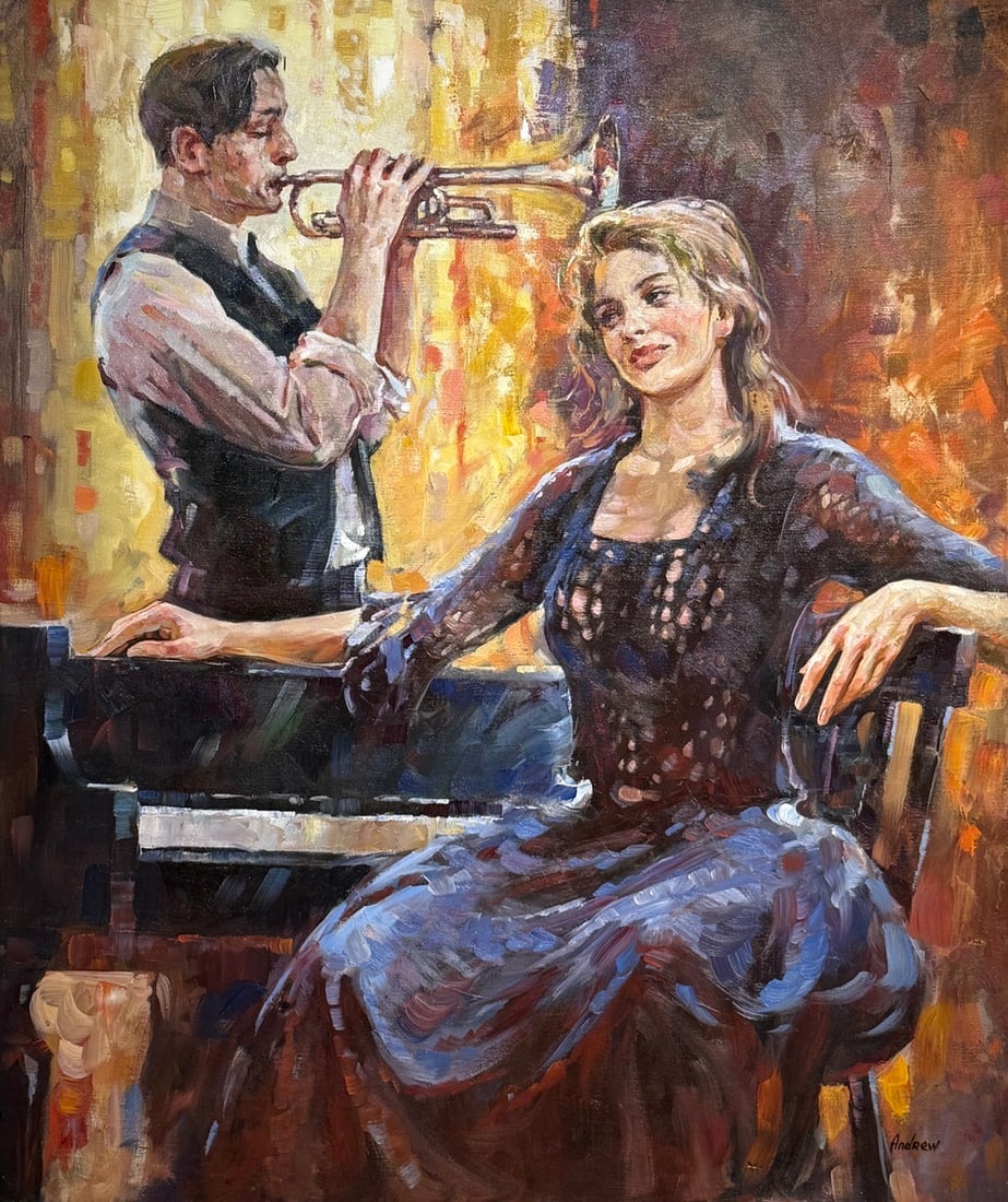 Andrew Baturo Original Oil 'Music': Offered here is an original Original Oil on Canvas by Andrew (Andres) Baturo: "Andrew Baturo Original Oil 'Music'". This one-of-a-kind piece, measuring 36 x 30 x 1 inch, is a rare opportunity for coll