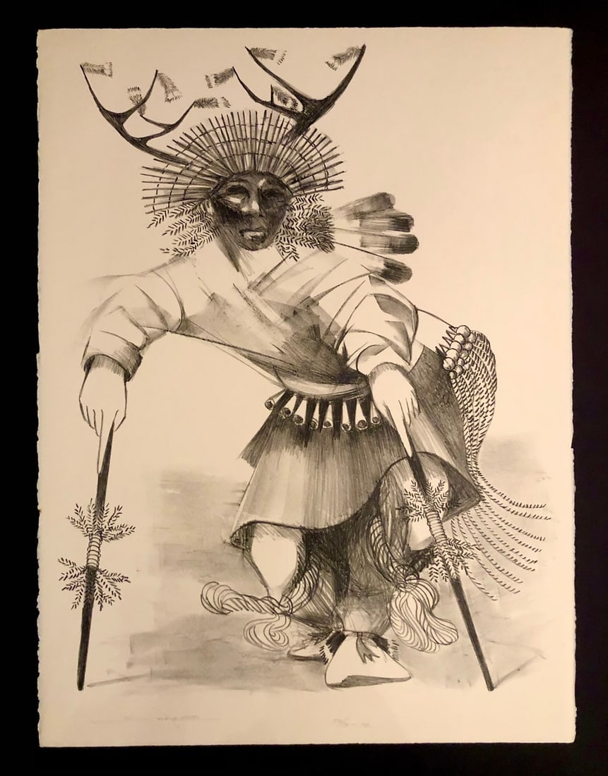 Patrick Swazo Hinds "Deer Dancer" Signed Original Stone Litho LE (1972): Presenting a limited edition Lithograph on Paper by Patrick Swazo Hinds: "Patrick Swazo Hinds "Deer Dancer" Signed Original Stone Litho LE (1972)". This Lithograph on Paper (Edition: 50/70-72),