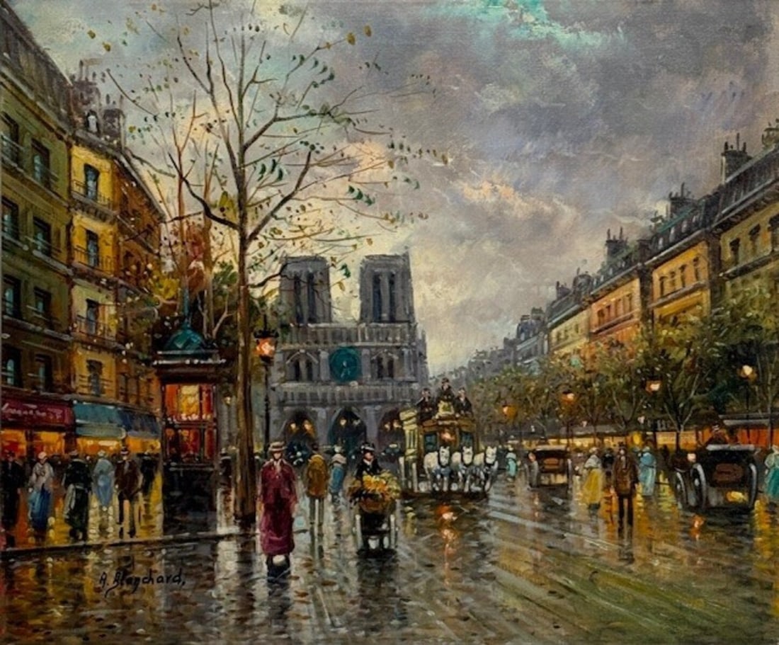Antoine Blanchard (Signed) - Untitled Paris Street Scene, Original Oil on Canvas, 20 x 24 in: Offered here is an original Original Oil on Canvas by Antoine Blanchard: "Antoine Blanchard (Signed) - Untitled Paris Street Scene, Original Oil on Canvas, 20 x 24 in". This one-of-a-kind piece, measu