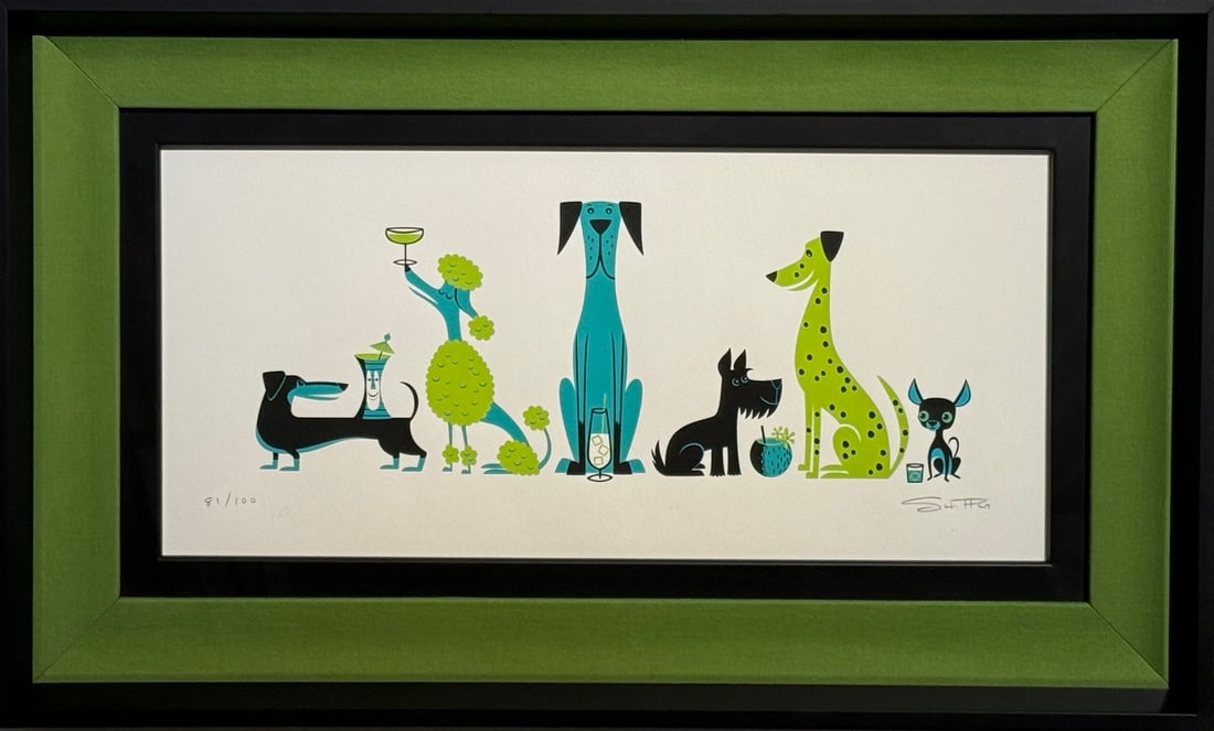 Josh (Shag) Agle S/N LE Serigraph "Cocktail Dogs II": Presenting a limited edition Serigraph On Paper by Josh "SHAG" Agle: "Josh (Shag) Agle S/N LE Serigraph "Cocktail Dogs II"". This Serigraph On Paper (Edition: 81/100), measuring 17 x 28 x 2 inch, is