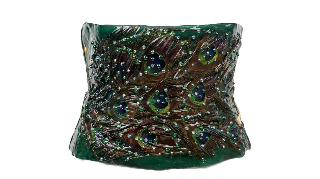 Mercedes Brunelli "Peacock Feathers" CorsArt Belt, Fabric, Resin, Feathers, Swarovski Crystals: Presenting this Mercedes Brunelli Sculpture: "Mercedes Brunelli "Peacock Feathers" CorsArt Belt, Fabric, Resin, Feathers, Swarovski Crystals". This piece, measuring 11 x 8 inch, is available at
