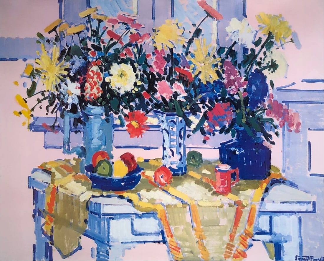 Vincent Farrell (Untitled - Floral) Signed Serigraph LE: Presenting a limited edition Serigraph on Paper by Vincent Farrell: "Vincent Farrell (Untitled - Floral) Signed Serigraph LE". This Serigraph on Paper (Edition: XCIV), measuring 41 x 47 x 2 inch, is