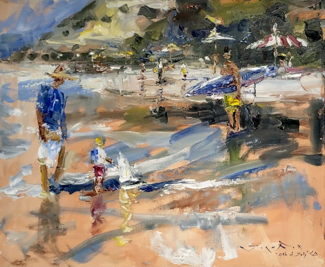 Jorn Fox "Beach on the 4th of July" Signed Original Oil - Impressionist: Offered here is an original Oil on Canvas by Jorn Fox: "Jorn Fox "Beach on the 4th of July" Signed Original Oil - Impressionist". This one-of-a-kind piece, measuring 20 x 24 x 2 inch, is a rare opport