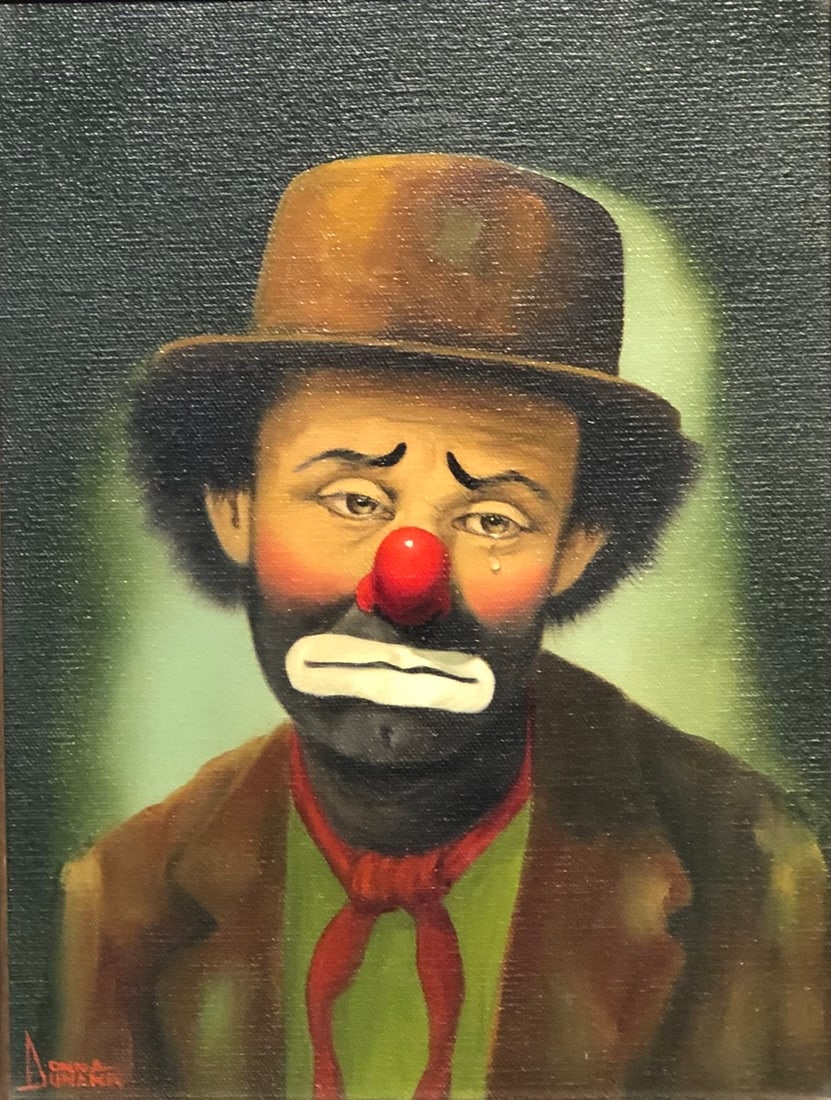 Donna Dunann "Weary Willie" (Emmett Kelly 1975) Signed Original Oil: Offered here is an original Oil on Canvas by Donna Dunann: "Donna Dunann "Weary Willie" (Emmett Kelly 1975) Signed Original Oil". This one-of-a-kind piece, measuring 18 x 15 x 2 inch, is a rare