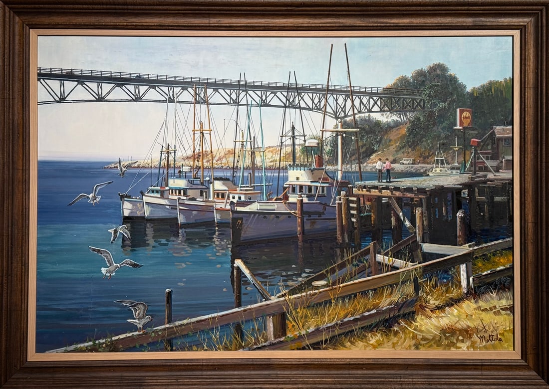 Filastro Mottola "(Untitled) Noyo Harbor" Original Oil on Masonite: Offered here is an original Original Oil on Masonite by Filastro Mottola: "Filastro Mottola "(Untitled) Noyo Harbor" Original Oil on Masonite". This one-of-a-kind piece, measuring 29 x 41 x 2 inch, is