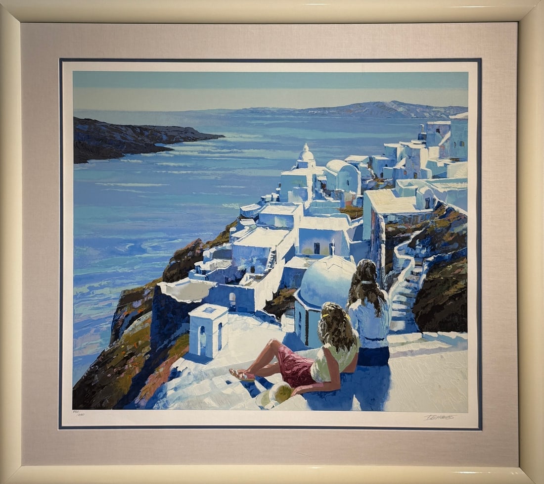 Howard Behrens "Santorini" Signed Serigraph LE: Presenting a limited edition Serigraph on Paper by Howard Behrens: "Howard Behrens "Santorini" Signed Serigraph LE". This Serigraph on Paper (Edition: 220/250), measuring 38 x 42 x 2 inch, is a sought