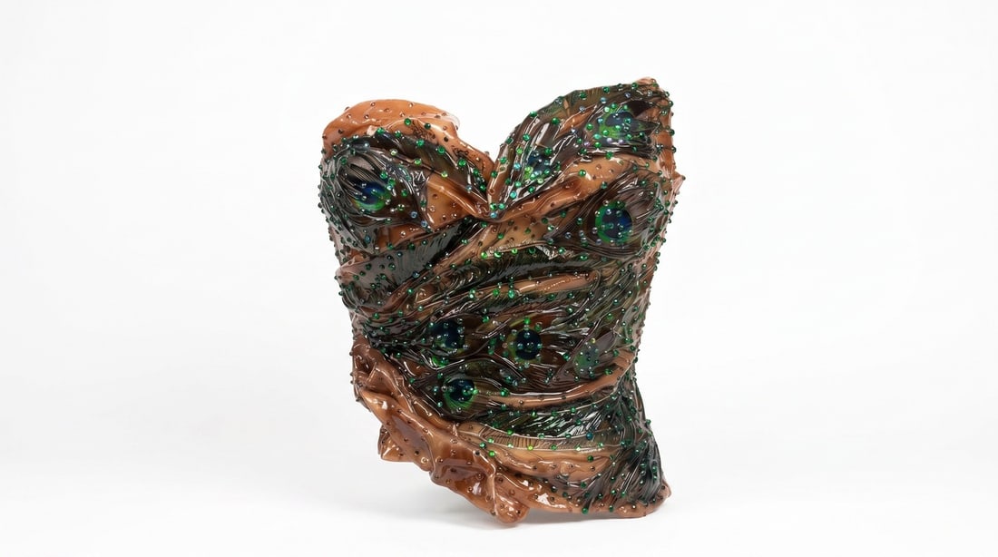 Mercedes Brunelli "Peacock Feathers", CorsArt Corset, Fabric Resin Feathers Swarovski Crystals: Presenting this Mercedes Brunelli Sculpture: "Mercedes Brunelli "Peacock Feathers", CorsArt Corset, Fabric Resin Feathers Swarovski Crystals". This piece, measuring 15 x 12 inch, is available at aucti