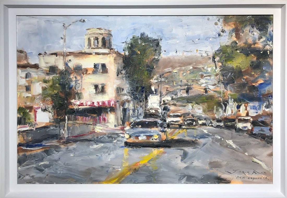 Jorn Fox (Laguna Beach Hotel & PCH) Signed Original Oil: Offered here is an original Oil on Canvas by Jorn Fox: "Jorn Fox (Laguna Beach Hotel & PCH) Signed Original Oil". This one-of-a-kind piece, measuring 28 x 40 x 2 inch, is a rare opportunity for collec