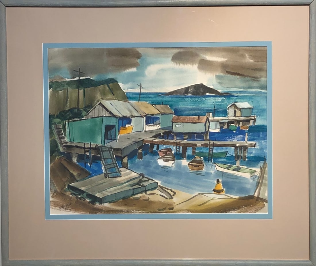 Jensen (Untitled - Fishing Village) Signed Original Watercolor 1952: Offered here is an original Watercolor on Paper by Jensen: "Jensen (Untitled - Fishing Village) Signed Original Watercolor 1952". This one-of-a-kind piece, measuring 30 x 35 x 2 inch, is a rare