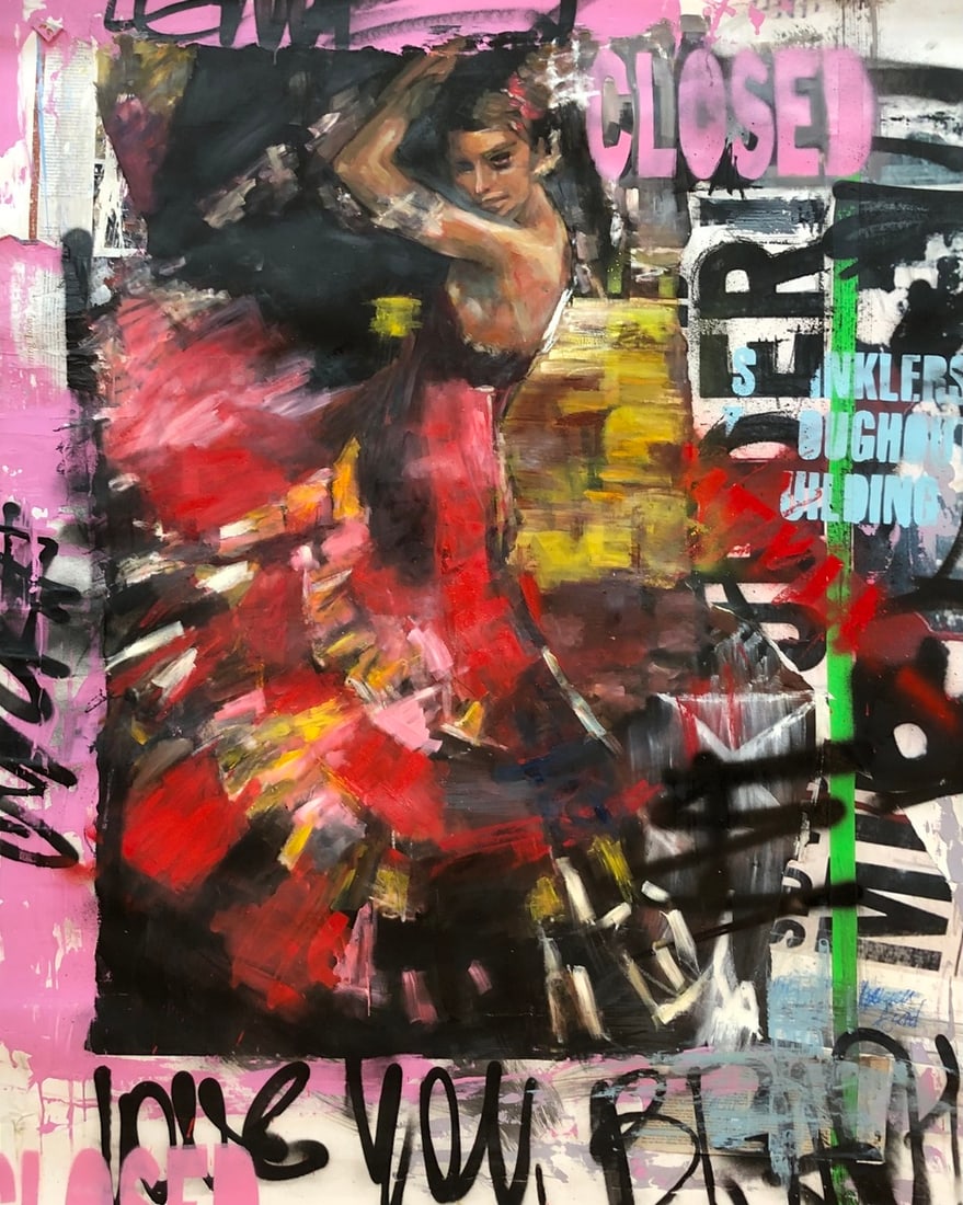 Yasemen Asad (Flamenco Dancer) Signed Original Mixed Media: Offered here is an original Mixed Media on Canvas by Yasemen Asad: "Yasemen Asad (Flamenco Dancer) Signed Original Mixed Media". This one-of-a-kind piece, measuring 52 x 38 x 2 inch, is a rare