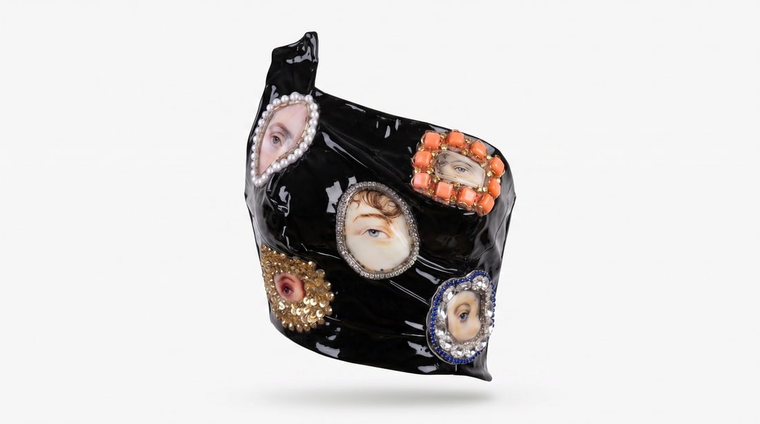 Mercedes Brunelli "Vintage Eyes", CorsArt Corset, Fabric/Resin/Pearls/Rhinestones/Crystals: Presenting this Mercedes Brunelli Sculpture: "Mercedes Brunelli "Vintage Eyes", CorsArt Corset, Fabric/Resin/Pearls/Rhinestones/Crystals". This piece, measuring 12 x 10 inch, is available at auction o