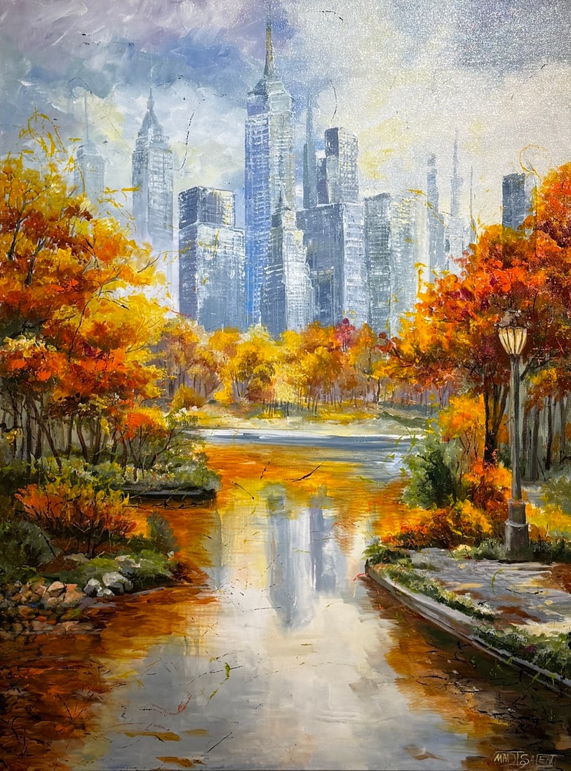 Madi Salehi "Autumn In Central Park" Original on canvas: Offered here is an original Original Acrylic on Canvas by Madi Salehi: "Madi Salehi "Autumn In Central Park" Original on canvas". This one-of-a-kind piece, measuring 40 x 30 x 1 inch, is a rare opport