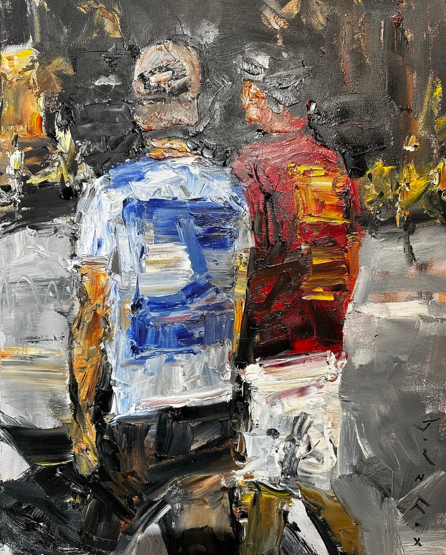 Jorn Fox "Boys Will Be Boys" Impressionist Signed Oil and Acrylic on Canvas: Offered here is an original Acrylic on Canvas by Jorn Fox: "Jorn Fox "Boys Will Be Boys" Impressionist Signed Oil and Acrylic on Canvas". This one-of-a-kind piece, measuring 16 x 20 inch, is a rare op